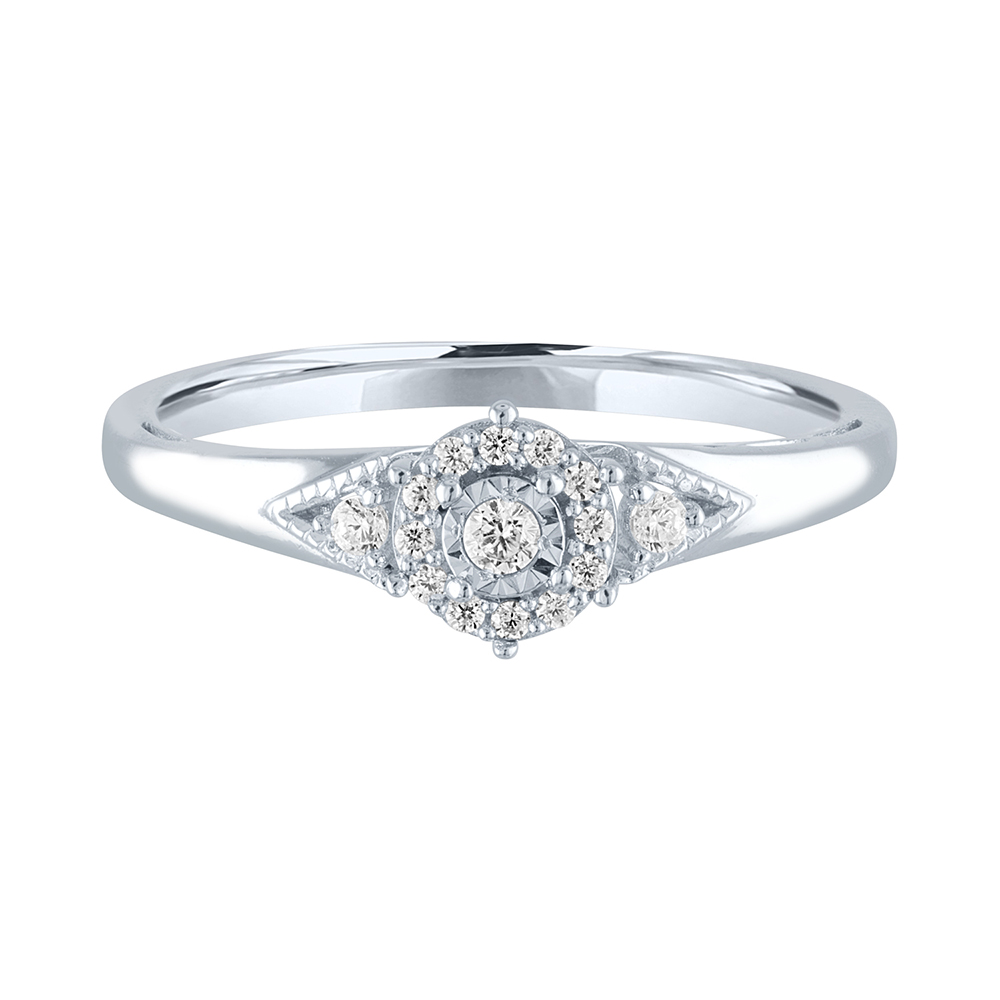 Diamond Halo Promise Ring with Side Stones, Sterling Silver