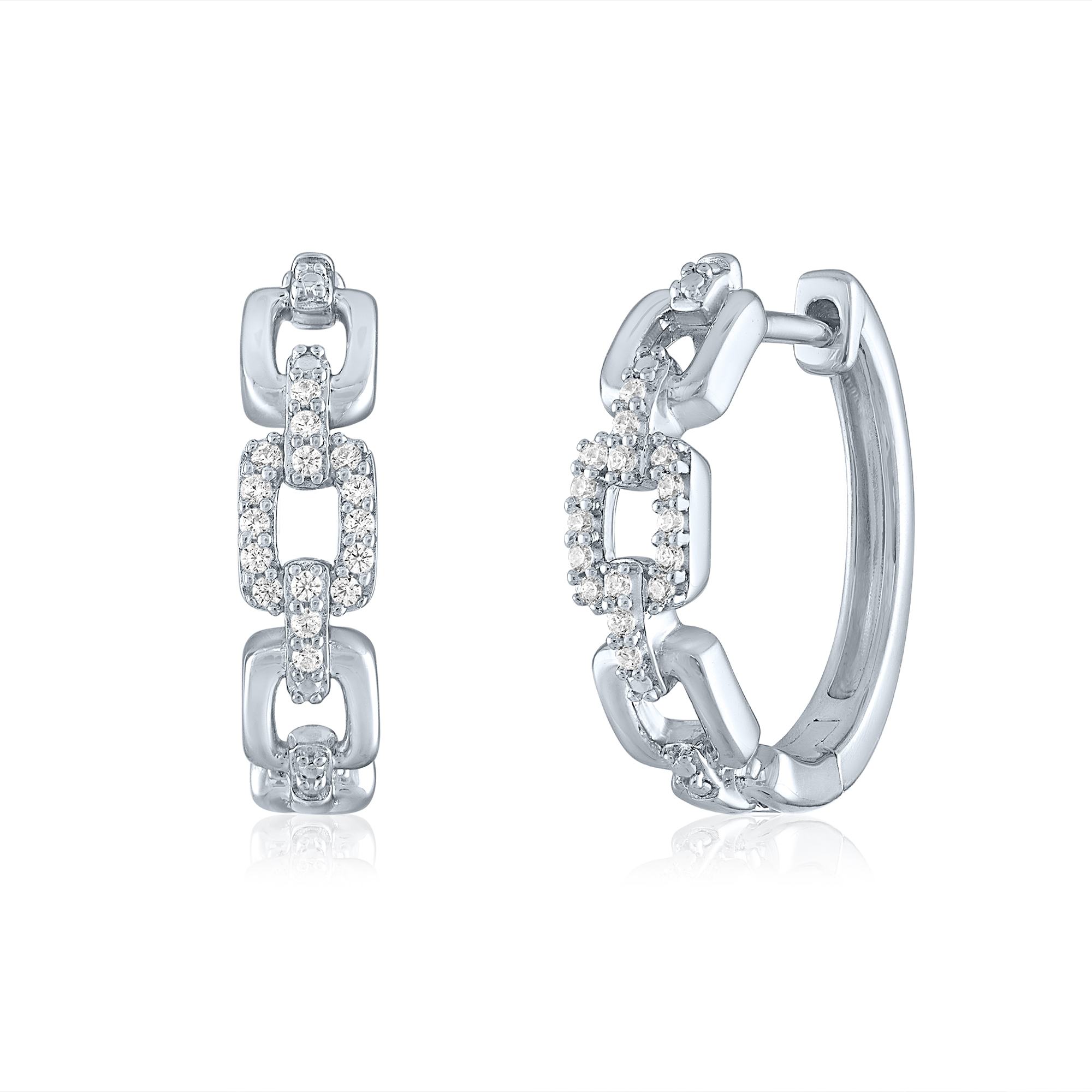 Chain Link Hoop Earrings with Diamond Accents in Sterling Silver