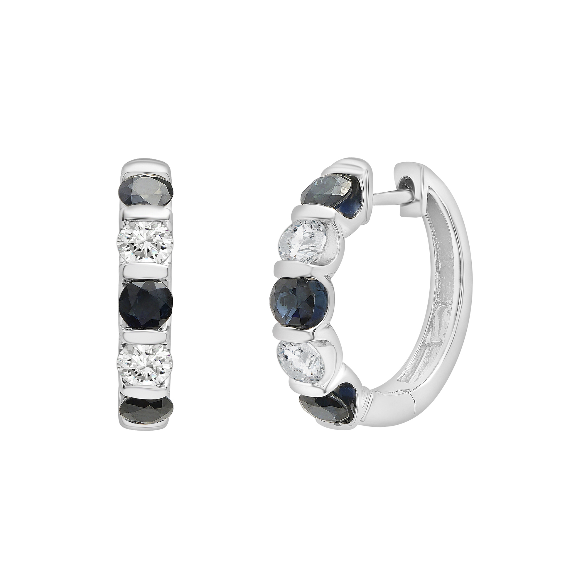 Blue and White Sapphire Hoop Earrings in Sterling Silver